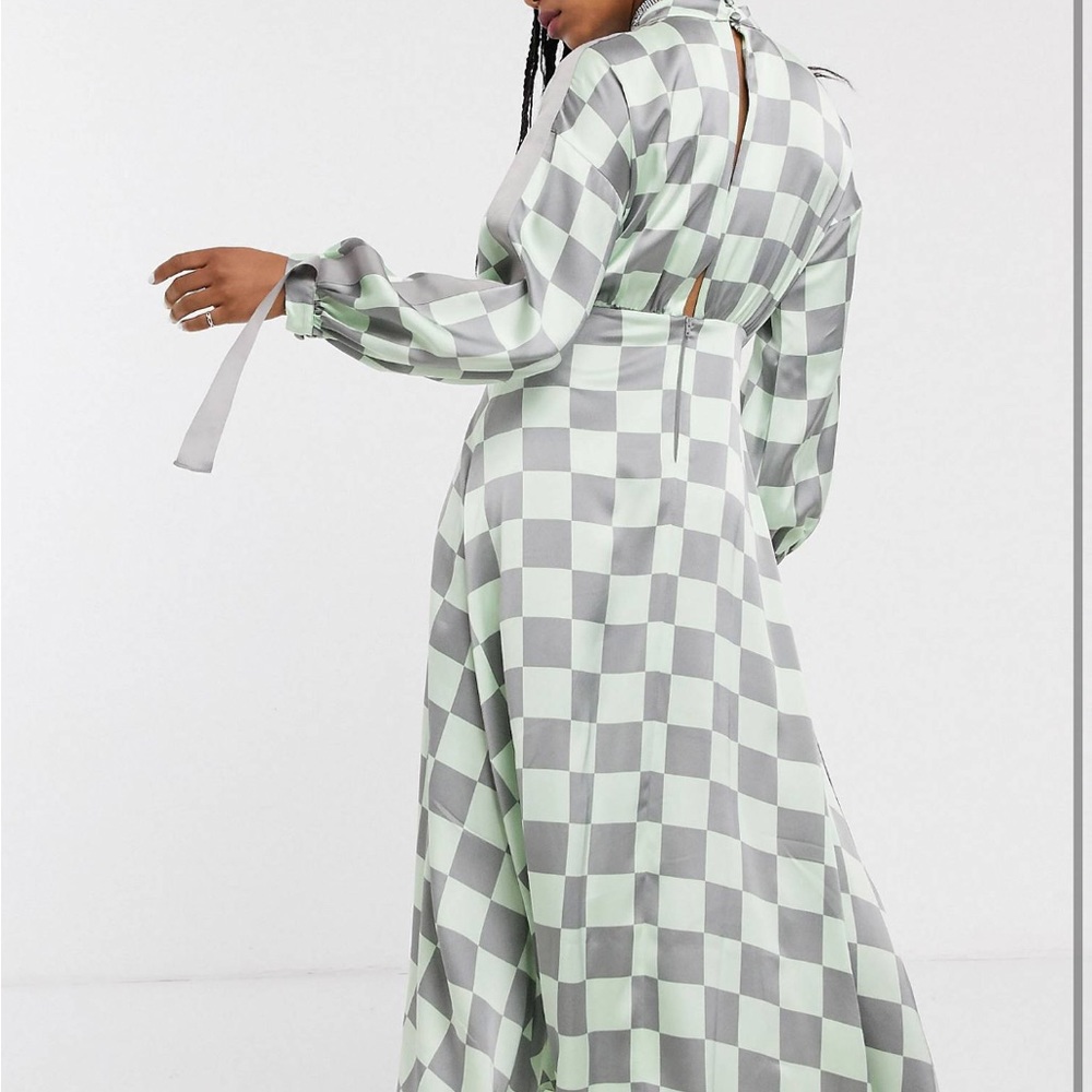 ASOS design ruched satin midi dress with herringbone tape checkered print
